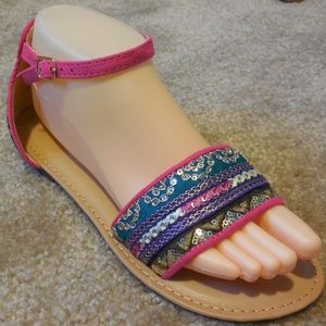 Fuchsia Tribal Beaded Accent Ankle Strap Sandals